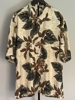 Men's 100% Silk Hawaiian Shirt XL Cream Brown Green Tiki Floral Resort Summer
